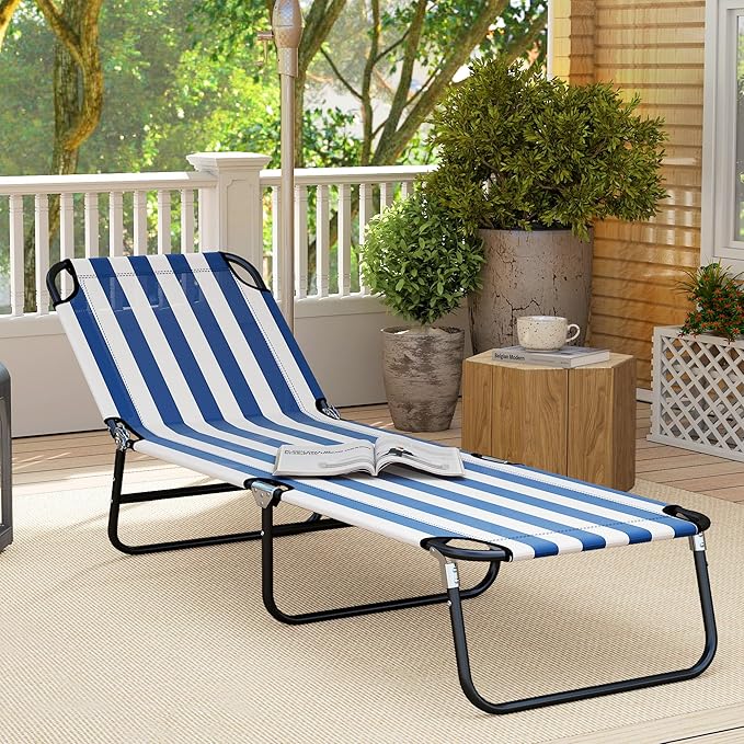 Outsunny Folding Chaise Lounge Pool Chairs, Outdoor Sun Tanning Chairs with 5-Level Reclining Back, Steel Frame for Beach, Yard, Patio, Blue and White