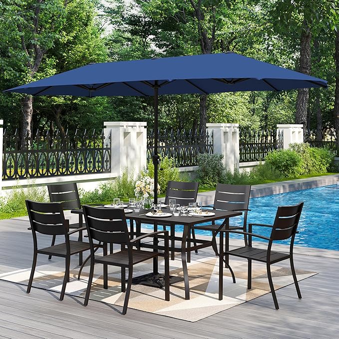 PHI VILLA 7 Pieces Outdoor Dining Set with Umbrella for 6, 60" Rectangular Metal Table & Stacking Wrought Iron Chairs & 13ft Blue Umbrella, Outside Large Furniture for Patio, Deck, Porch, Backyard