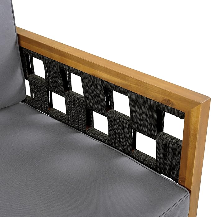 Christopher Knight Home Rosie Acacia Wood Outdoor Daybed Sofa with Water-Resistant Cushion, Solid Wood Patio 3 Seater Sofa Couch, Patio Garden Lounge Sofa with Woven Rope Accent, Black+Teak+Dark Gray