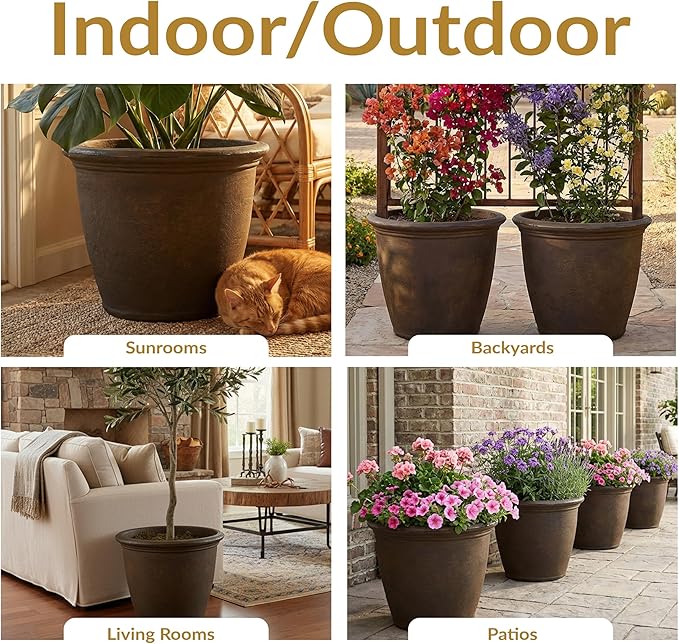 Sunnydaze 20-Inch Anjelica Large Plastic Pot for Plants - Outdoor Double-Walled Large Plastic Planter with Drillable Drainage Holes - Rust - 2pk