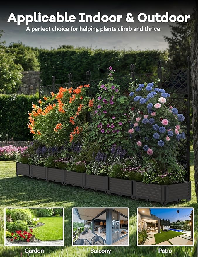 7 PCS Raised Garden Bed with Trellis & Privacy Screen, 116"w x 63"Tall Vertical Garden Planter Box for Climbing Plants - Sturdy Lightweight Outdoor Planter for Vegetables, Flowers on Patio, Balcony