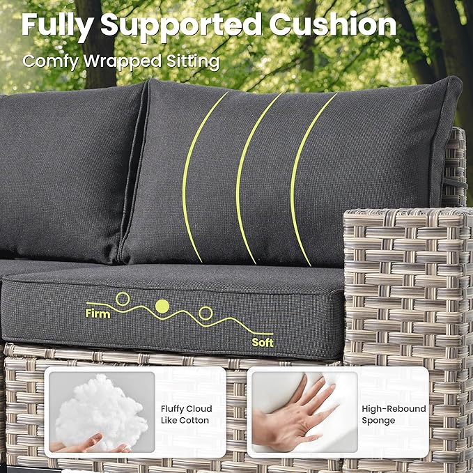 ovios 5-Piece Patio Furniture Set with L-Shape Sofa Chaise, Outdoor Sectional Couch Solar Table, Modern Modular Wicker Rattan Conversation Set, Black