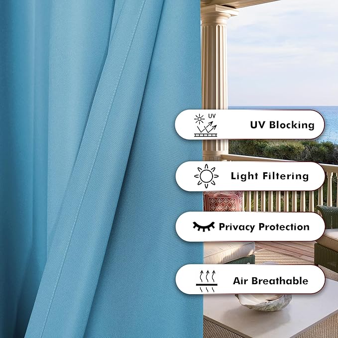 BONZER Waterproof Outdoor Curtains for Patio Porch Pergola Cabana Light Filtering Privacy Grommet Indoor Curtain Panels for Bedroom Living Room, 1 Panel, 84W x 120L inch, Teal
