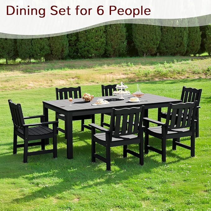 Stoog 7 Pieces Patio Dining Sets, All-Weather HIPS Material & Aluminum Frame Dining Table with 2" Umbrella Hole, Outdoor Dining Table Set for 6, Never Rot or Fade, Black