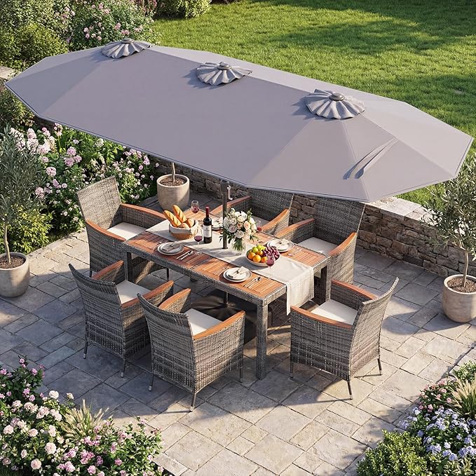 Tangkula 9 Piece Rattan Outdoor Dining Set with 13Ft Umbrella for 6, Outdoor Wicker Table Set with 6 Cushioned Armchairs, Acacia Wood Top, Outdoor Umbrella & with Base Included