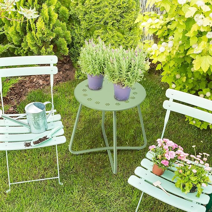 danpinera Outdoor Side Tables with Flower Cut Outs, Weather Resistant Steel Patio Side Table, Small Round Outdoor End Table Metal Side Table for Patio Yard Balcony Garden Green