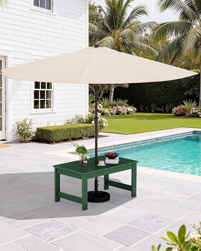 SERWALL Outdoor Coffee Table with 9FT Umbrella, HDPE Patio Coffee Table for Outside, Rectangle, Green(Not Include Umbrella Base)
