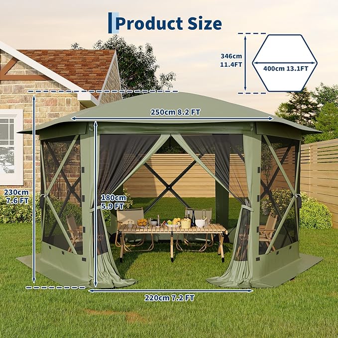 13x13FT 6-Sided Pop Up Gazebo Tent，One-Push Setup Canopy Tent with Removable Canopy Top & Wind Cloths, Outdoor shelter for Camping, Backyard Parties, Outdoor Events - Army Green