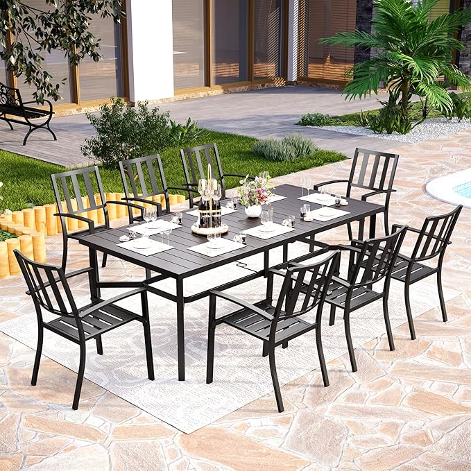 PHI VILLA 9 Pieces Outdoor Dining Set for 8, 83“ Rectangular Metal Table with Umbrella Hole & Stackable Black Wrought Iron Chairs, Large Outside Furniture for Patio, Deck, Yard, Porch