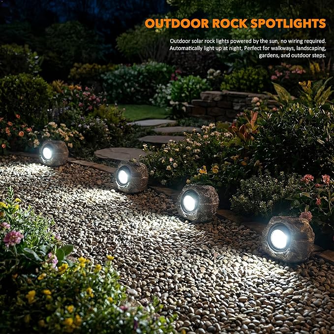 Solar Rock Lights Outdoor – 2 Pack Waterproof LED Landscape Garden Spotlights, Realistic Stone Design, Wireless Solar Powered Pathway Lights for Yard, Walkway, Patio & Lawn Decoration (Auto On/Off)