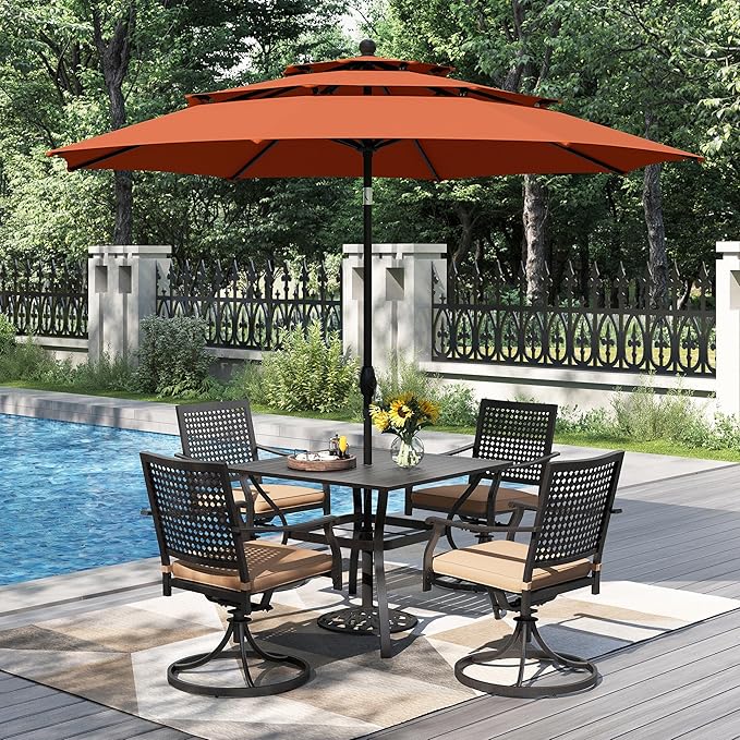 PHI VILLA 5 Pieces Outdoor Dining Set for 4 with 10ft Umbrella, 37" Metal Square Table & Swivel Wrought Iron Chair with Cushions & Red Umbrella, Modern Furniture Set for Patio, Deck, Yard, Porch