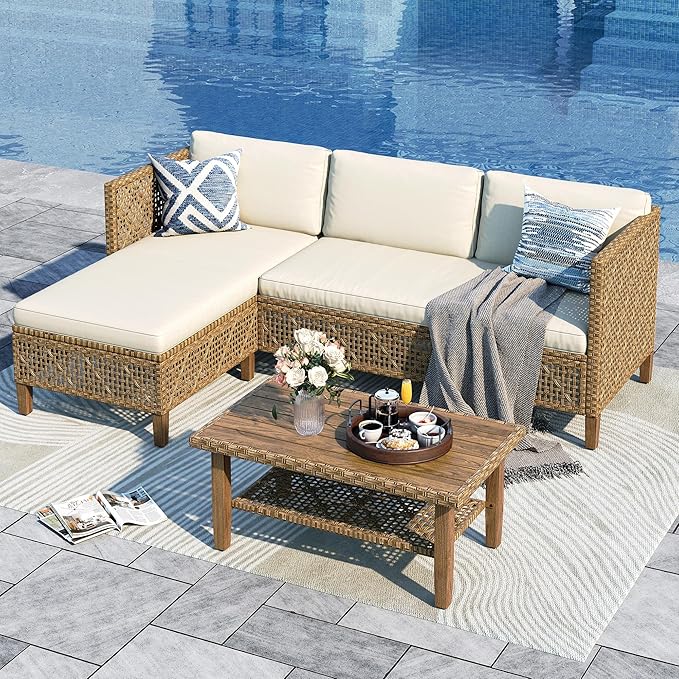 Sophia & William Outdoor Rattan Sofa Set with Thick Cushions & Coffee Table – Weather-Resistant Patio, Garden & Deck Furniture (Beige)