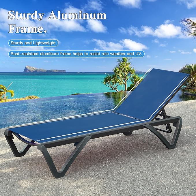 Domi Pool Lounge Chairs Set of 2 with Side Table, Aluminum Adjustable Outdoor Chaise Lounge with Wheels, All Weather Poolside Chairs for Deck Lawn Patio Backyard, Textilene- Navy Blue