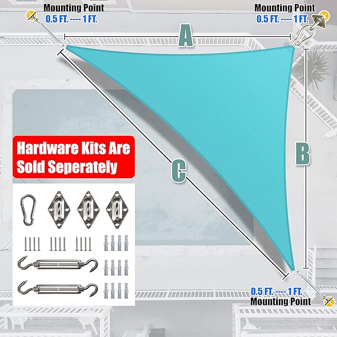 Amgo Custom Size 15' x 20' x 25' Turquoise Triangle Sun Shade Sail UPF50+ AGTAPRT12, Order to Make Canopy Awning, 95% UV Blockage, Water & Air Permeable, Commercial Standard (We Customize)