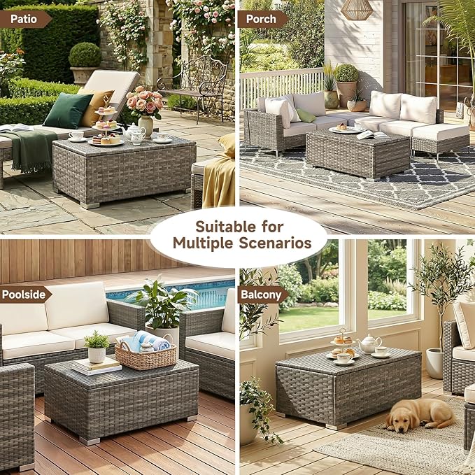ONBRILL Outdoor Coffee Table with Storage, Rattan Storage Coffee Table with Internal Waterproof Bag, Low Side Table for Patio, Porch, Backyard, Poolside - Brown