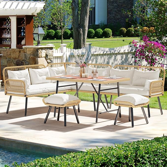 YITAHOME Patio Wicker L-Shaped Furniture Set, All-Weather Rattan Outdoor Conversation Sofa Set for Backyard Deck with Soft Cushions,Ottomans and Plastic Wood Dining Table (Light Brown+Beige)