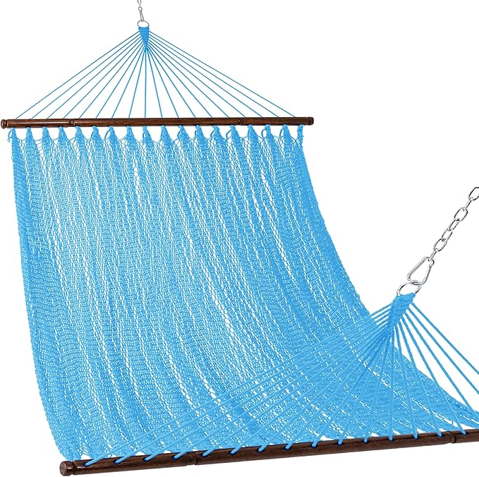 Lazy Daze Hammocks 10.5 FT Double 2 Person Caribbean Rope Hammock, Hand Woven Polyester Hammock with Spreader Bars, for Outside Outdoor Backyard Patio Poolside, 450 LBS Capacity, Sky Blue