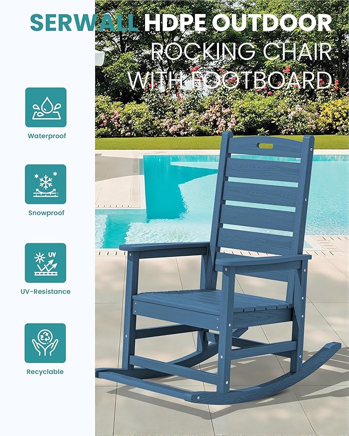 SERWALL Outdoor Rocking Chair Set of 2, Oversized Rocking Chair with Footboard for Adults, HDPE All Weather Resistant Rocking Chairs for Patio, 350lbs Weight Capacity, Navy