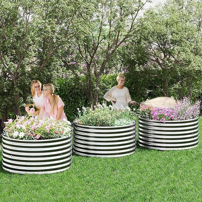 4 Pack Tall 2x2x1.5ft Round Galvanized Raised Garden Bed Outdoor, Metal Garden Bed for Vegetables, Above Ground Garden Box for Flower, Steel Raised Beds for Gardening