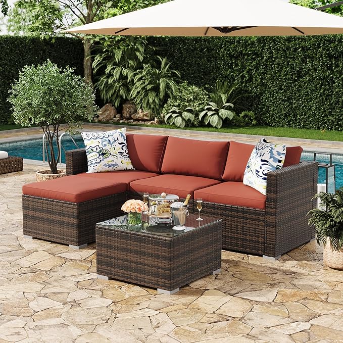 GAOMON 5-Piece All-Weather Patio Furniture Set, Convertible Outdoor Sectional Sofa with Ottoman & Tempered Glass Table, PE Rattan Conversation Set for Garden, Backyard, Porch, Poolside