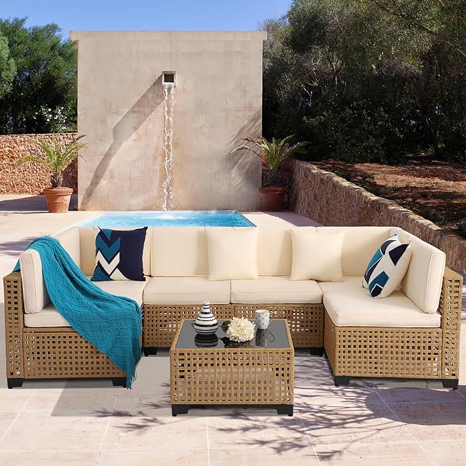 KIGOTY Patio Furniture Set,7 Pieces Modular Outdoor Sectional Sofa, PE Rattan Patio Conversation Set, All Weather Wicker Patio Furniture with Cushions and Coffee Table（Yellow/White）