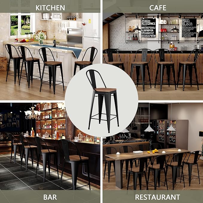 Yongqiang 30 inch Bar Stools Set of 4 Black Metal Bar Height Stools Modern Farmhouse Kitchen Island Barstools Bar Chairs with Large Wooden Seat, High Back