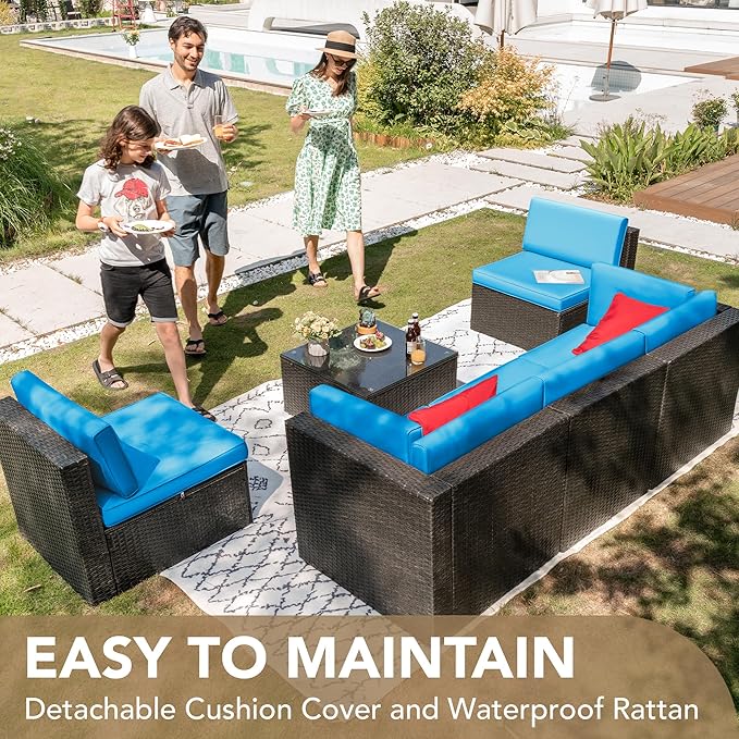 Devoko Patio Furniture Sets 6 Pieces Outdoor Sectional Rattan Sofa Manual Weaving Wicker Patio Conversation Set with Glass Table and Cushion (Blue)