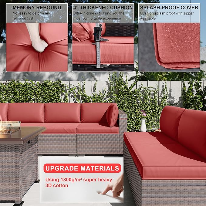 Kullavik 15PCS Outdoor Patio Furniture Set with 43" 55000BTU Gas Propane Fire Pit Table PE Wicker Rattan Sectional Sofa Patio Conversation Sets w/8 Coner Sofas,Red