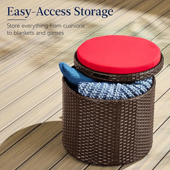 Best Choice Products Round Wicker Ottoman, Multipurpose Outdoor Furniture for Patio, Backyard, Additional Seating, Footrest, Side Table w/Storage, Removable Cushions – Brown/Red