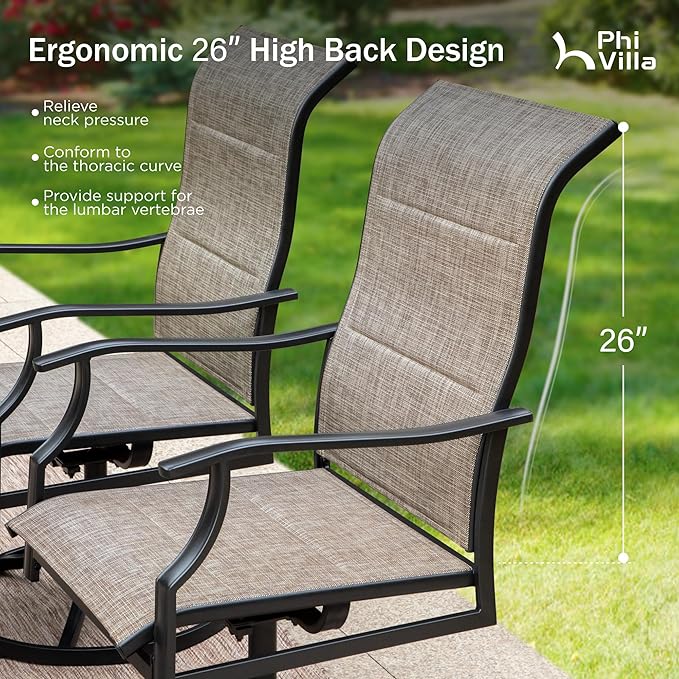 PHI VILLA Swivel Patio Chair Set of 2, 42" High Back Outdoor Chairs with Padded Fabric & E-Coating Frame, All Weather-Resistant for Deck Lawn Garden