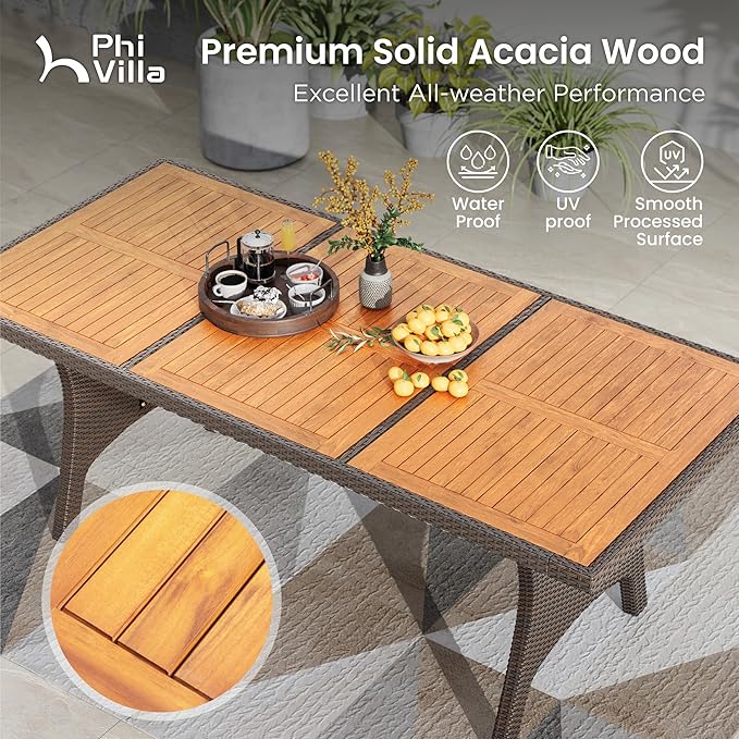 PHI VILLA Outdoor Dining Set for 6, Rectangular Wicker Table with Acacia Wood Top & Rattan Chairs with Cushions, 74” Large Modern Furniture Set for Patio, Deck, Backyard, Porch
