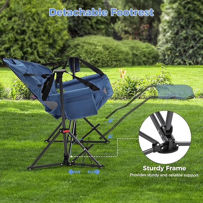 Ainfox Hammock Chair with Footrest, Oversized Swinging Portable Folding Camping Chairs for Adults Outside Swinging Camp with Cup Holder Pillow for Outdoor Patio Lawn Blue