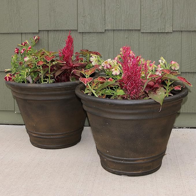 Sunnydaze 20-Inch Franklin Large Plant Pot - Polyresin Round Outdoor Planter with Drillable Drainage Hole - 2 Pack - Sable