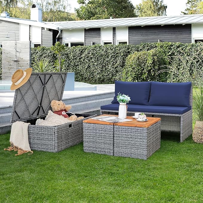 Devoko Patio Day Bed Outdoor Daybed Set Multifunctional Rattan Lounge Bed with 2 Side Tables for Backyard Porch Poolside Lawn Beach (Navy Blue)
