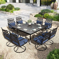 PHI VILLA 9 Pieces Outdoor Dining Set for 8, 60" Square Metal Table with Umbrella Hole & Wrought Iron Swivel Chairs, All Weather Outside Furniture with Blue Cushions & Pillows for Patio, Deck, Porch