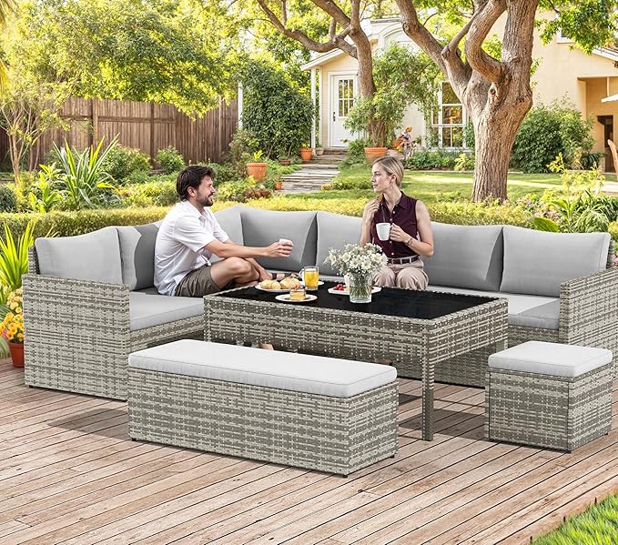 YITAHOME 9-Piece Patio Furniture Set, All-Weather Wicker Outdoor Sectional Sofa with Lift-Top Table & Ottoman, Patio Conversation Set for Deck, Backyard, Porch - Gray Gradient