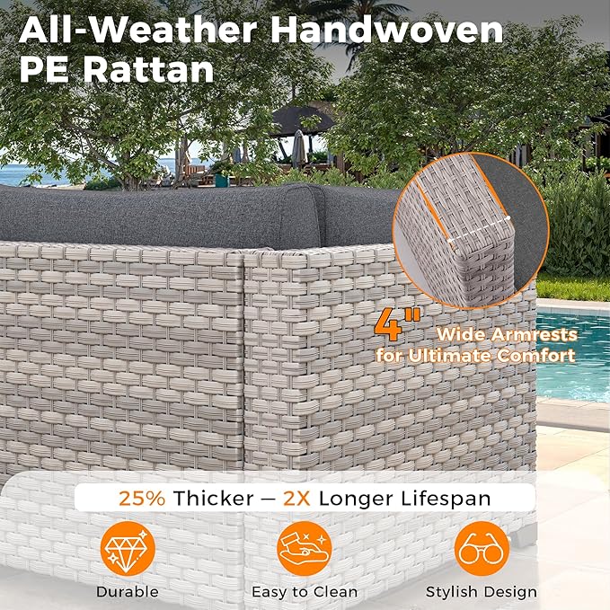 8-Seat Modern Patio Furniture Set with Swivel Rocking Chairs, Thick 4″ Cushions, Dual-Strand Wicker Rattan, Rust-Resistant Steel Frame – Outdoor Conversation & Modular Sectional,Black