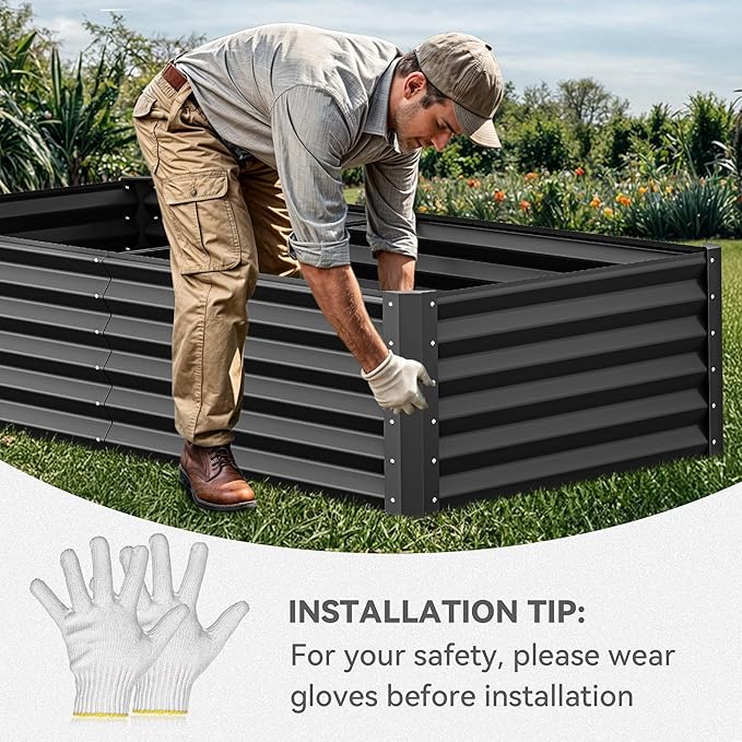 YITAHOME 6x3x1.5 2pcs Large Raised Garden Bed Kit, Galvanized Metal Planter Box with Gloves, Ground Nails, Support Rod, Outdoor Above Ground Planters for Plants Vegetables Flowers, Black