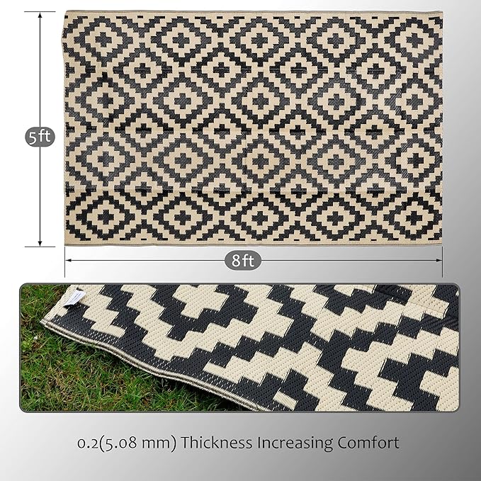 SAND MINE Waterproof Outdoor Rug 5x8 ft, Plastic Reversible Rug, Modern Area Rug, Large Floor Mat for Outdoors, RV, Patio, Backyard, Deck, Picnic, Beach, Camping, Black & Beige