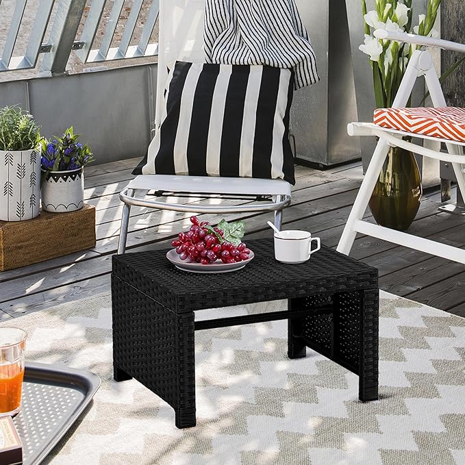Yaheetech Wicker Ottomans, Set of 2 Footrest with Removable Cushion, 2pcs PE Rattan Side Table Additional Seating Multipurpose Outdoor Furniture for Patio, Backyard, Black/Gray