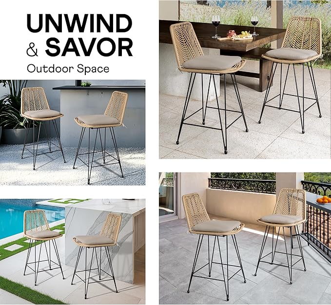 IDZO Rattan Counter Height Bar Stools, 36.5" Tall, 400lbs Capacity, Durable Steel Frame, Plush Cushions, Use for Outdoor & Indoor, Ideal for Kitchen Island & Bar, Stylish Bar Stools Set of 2