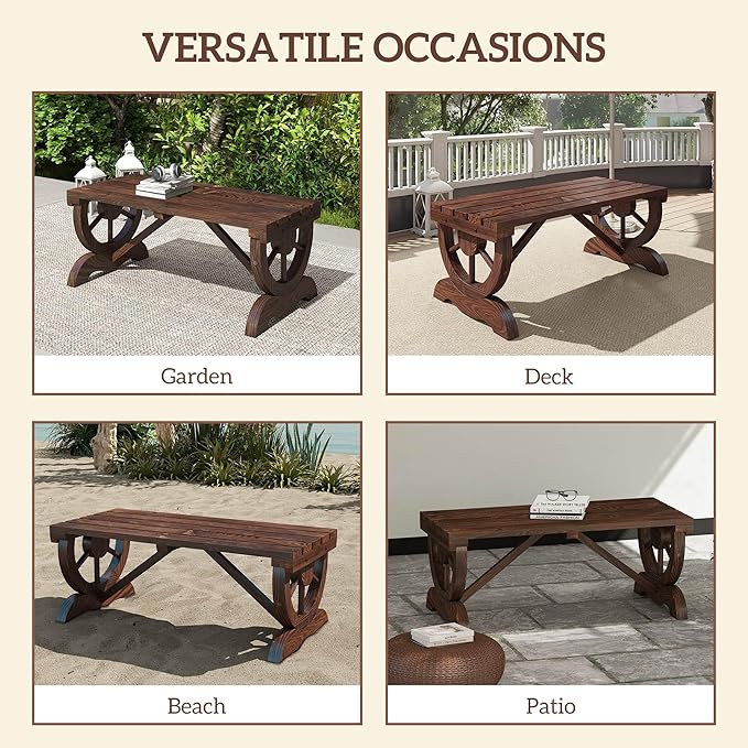 Outsunny 2-Person Wooden Garden Bench, Outdoor Wagon Wheel Porch Bench for Backyard Garden, Support 550 LBS, Rustic Country Style Patio Furniture, Brown