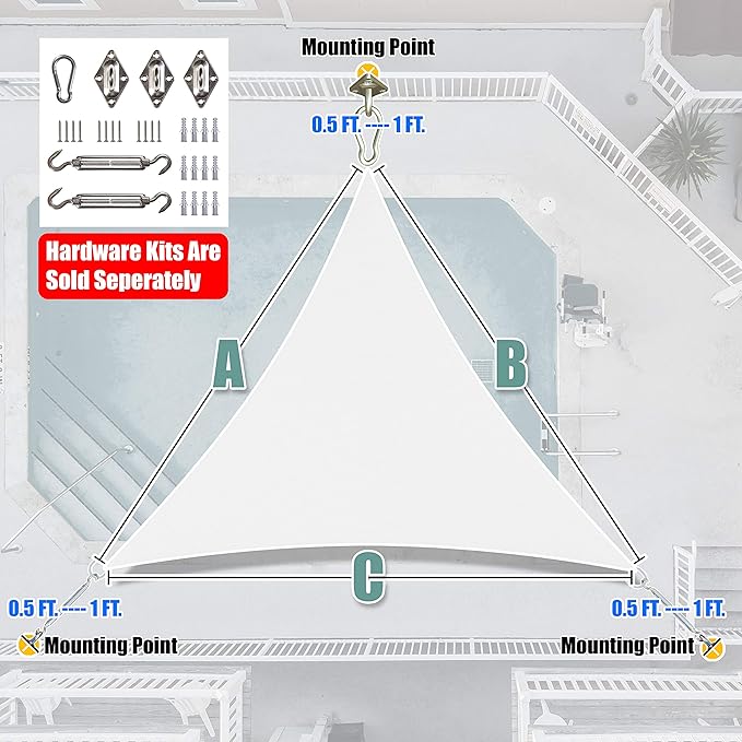 Amgo Custom Size 15' x 15' x 15' White Triangle Sun Shade Sail UPF50+ AGTAPRT12, Order to Make Canopy Awning, 95% UV Blockage, Water & Air Permeable, Commercial Standard (We Customize)