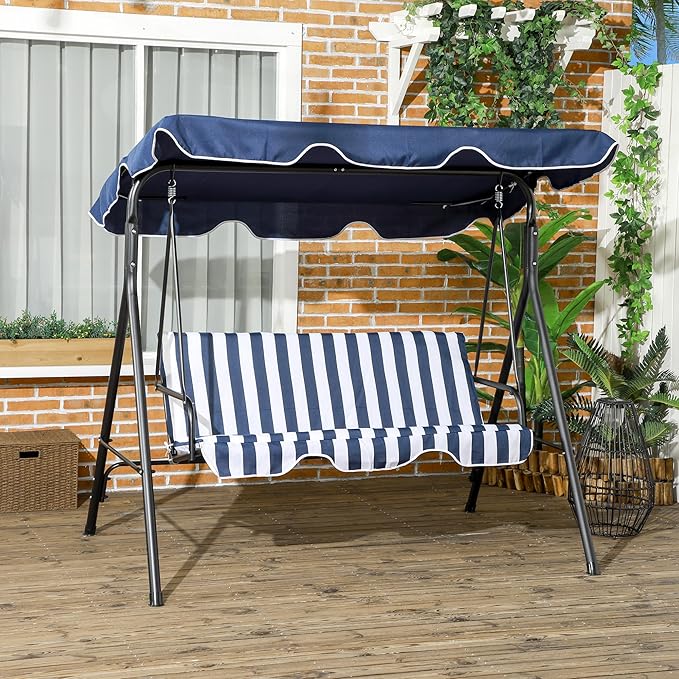 Outsunny 3-Seat Outdoor Patio Swing Chair with Removable Cushion, Steel Frame Stand and Adjustable Tilt Canopy for Patio, Garden, Poolside, Balcony, Backyard, Dark Blue