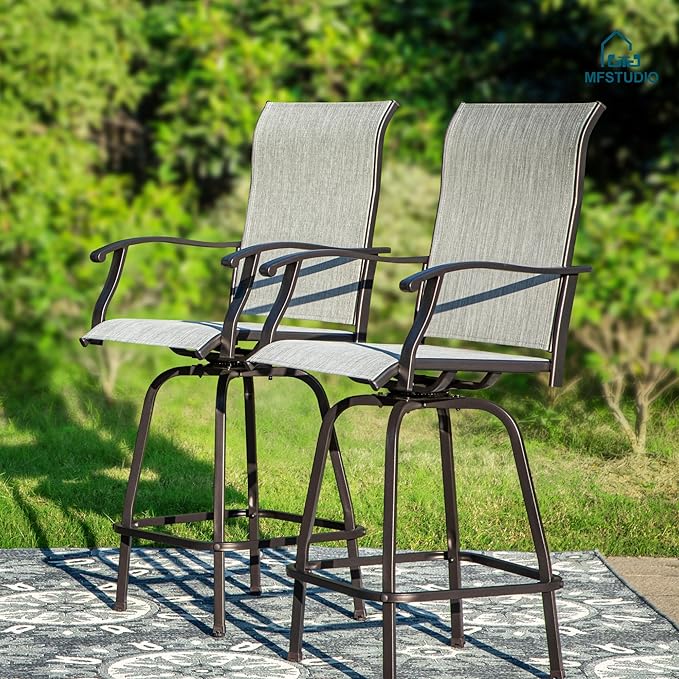 MFSTUDIO Outdoor Bar Stools Set of 4, Swivel Bar Height Patio Chairs Outdoor Barstools High Top Patio Swivel Bar Chairs, Breathable Textilene, Light Grey