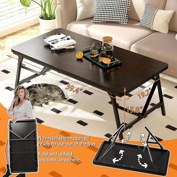 Folding Coffee Table, No Assembly Low Coffee Table, Floor Table Desk for Sitting on The Floor, Portable Floor Table for Living Room, Home, Caravan and Outdoor use, 39.4L‘ x 19.7W’ x 15.8H’