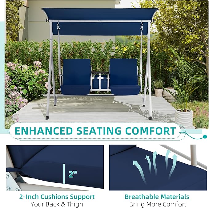 HOMREST 2 Seat Outdoor Porch Swing,Patio Swing with Adjustable Canopy,Heavy Duty 650 LBS Outdoor Swing with Pivot Storage Table & 2 Cup Holders & Cushions for Yard, Lawn, Backyard, (Navy Blue)