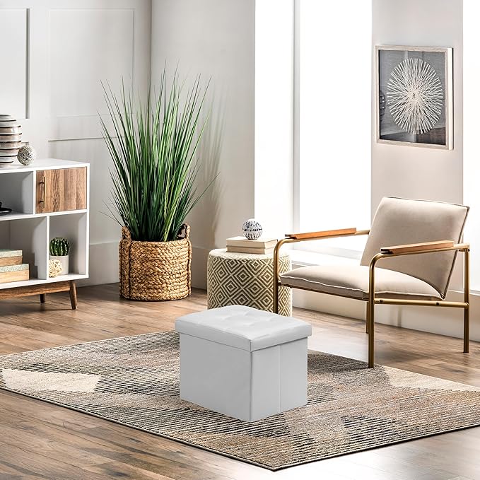 AmasSmile Storage Ottoman Folding Foot Rest Stool, Leather Footstool Bench, Short Ottoman Stool, Storage Foot Rest Store, Books (White, 17" D x 13" W x 13" H)