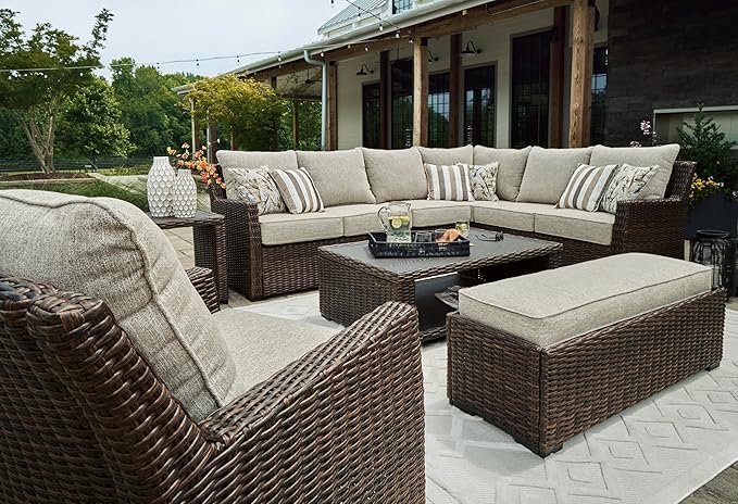Signature Design by Ashley Brook Ranch Casual Nuvella Weather Resistant Fabric Outdoor Lounge Chair with Cushion, Dark Brown & Beige