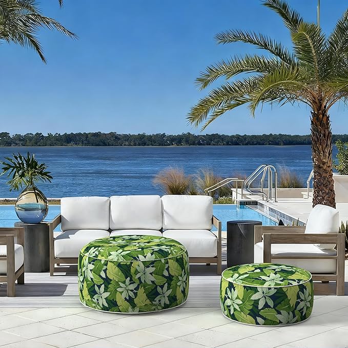 LVTXIII Indoor/Outdoor Inflatable Ottoman with Handle D21 x H9 Inch, Weather-Resistant Round Footstool Pouf for Patio Camping Living Room, Portable Footrest Extra Seating, Jungle Leaves